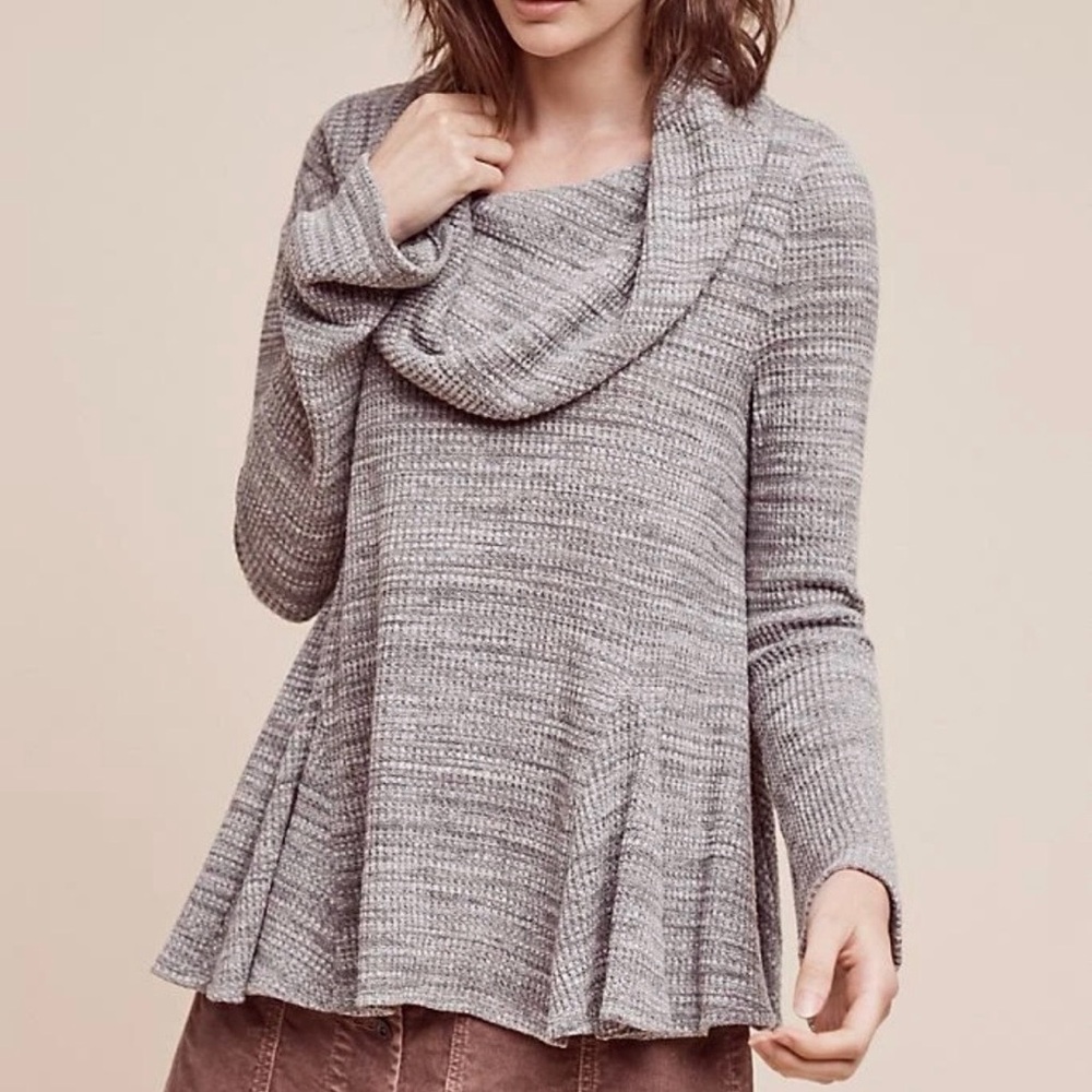 Anthropologie Postage Stamp Waffle Knit Flowy Gray Women's Cowl‎ Neck Sweater